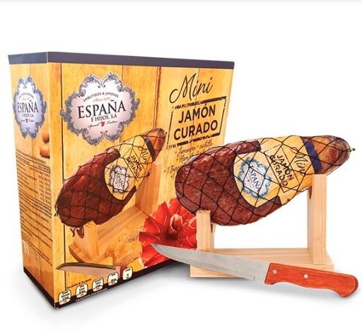 [30950] MINI JAMÓN CURADO CON JAMONERO Y CUCHILLO 1 KILO