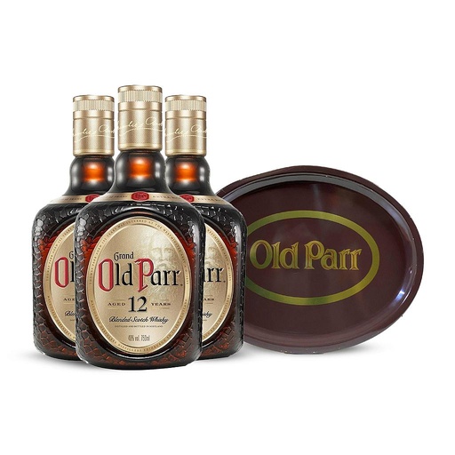 [14108] 3 WHISKY ESCOCES OLD PARR 12 AÑOS 1 L + BANDEJA DE OBSEQUIO